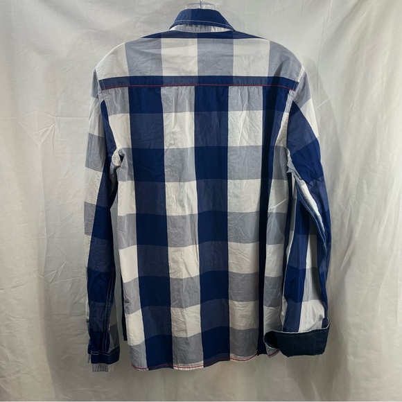 Fredd Marshall Mens Button Up Shirt Navy White Buffalo Plaid Flip Cuff Sleeve L - Picture 4 of 6